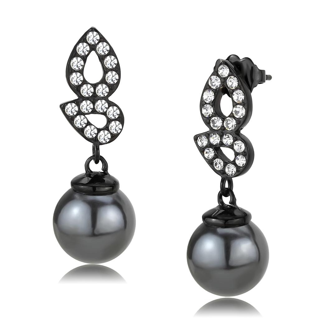 JCE3483 IP Black(Ion Plating) Stainless Steel Earrings with Synthetic Pearl in Gray